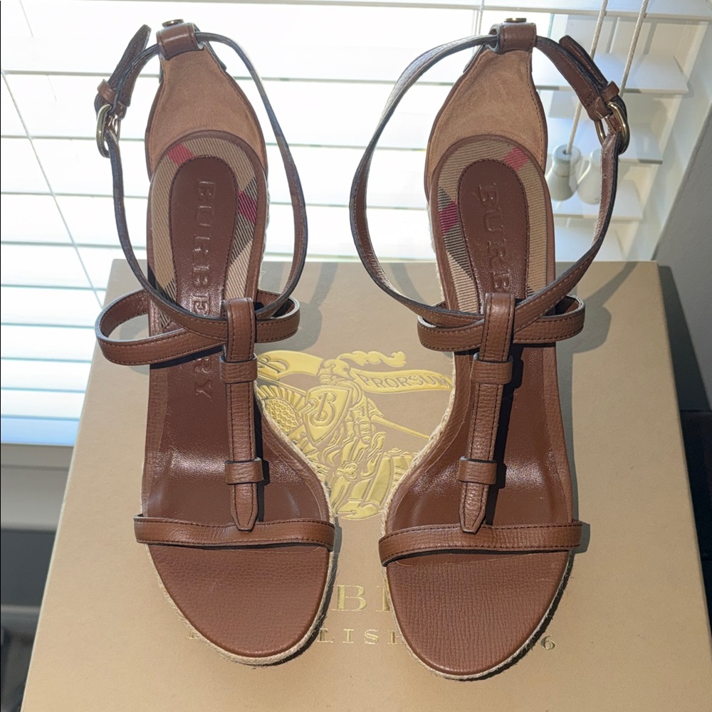 Burberry Brown Leather T-Strap Heeled Sandals